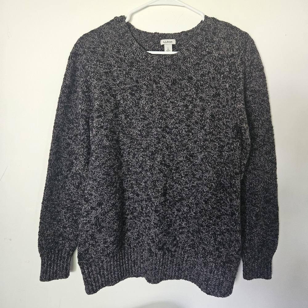 LL Bean Sweater Womens Size L Grey Black Marbled Knit 100% Cotton Crew Neck Cozy